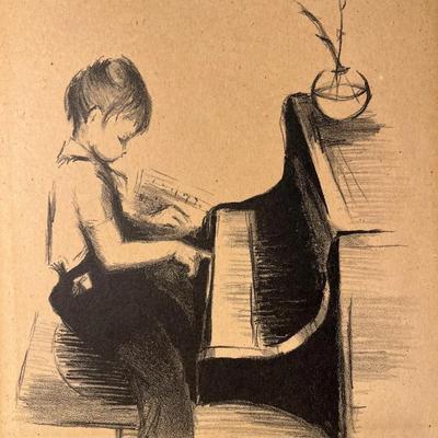Antique Lithograph, Margery Ryerson, “Girl Playing Piano or Rainy Day Concert” | Signed | Unframed
