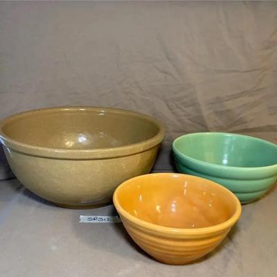Bauer Pottery, Green and Mint and Brown Stoneware Mixing Bowls, 3 Pieces 
