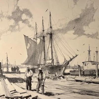 MidCentury “Gloucester Wharves", Gordon Hope Grant, Signed Lithograph | Unframed