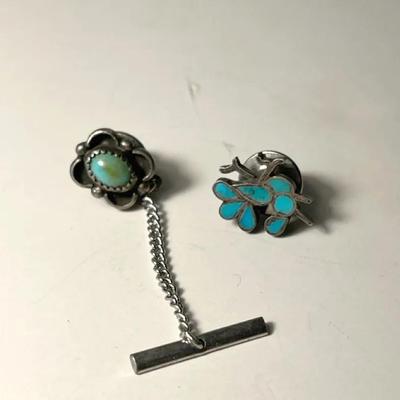 Vintage Native American Silver and Turquoise Tie Pins, 2 Pieces