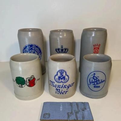 German Stoneware Beer Steins and MCM Trivet | Dieff-Brau, Moninger Bier, and MAB