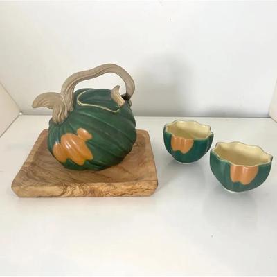 Patricia Garrett Great Impressions Pottery Acorn Squash Teapot and Tea Cups