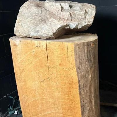 Solid Wood Block with 2 Flat Sides | Table with A Rock on Top