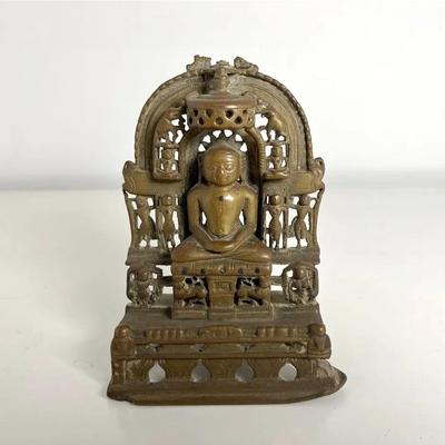 Antique Jain Shrine Altarpiece and Seated Tirthankara Brass Figurine, c15th-16th Century est. RESERV
