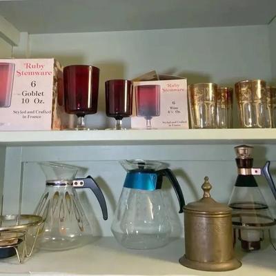 Vintage Glasses, Glass Coffee Carafes and Metal Container