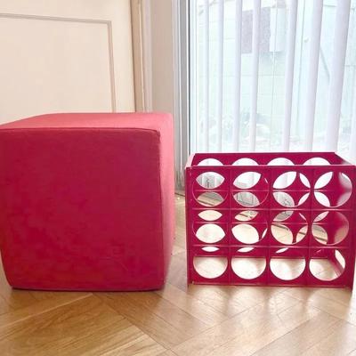  MidCentury Modern Red Modular Wine Rack & Modular Red Cube Ottoman