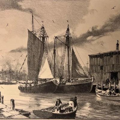 MidCentury Lithograph "Fisherman's Haven", Gordon Grant (American) | Signed | Unframed