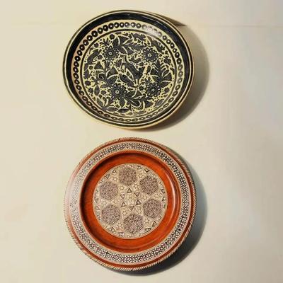 Cairoware Inlaid North African Wood Plate and Mexican Petatillo-style Wood Plate Folk Arts
