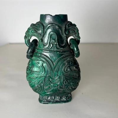 MidCentury Chinese Carved Spinach-Green Jade Vase | c1950s-60s