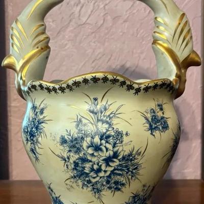 Vintage Blue and White Floral Ceramic Basket with Gold Accents