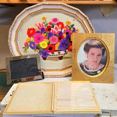 Framed Floral Crewel Art, Picture Frames, and Photo Album
