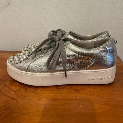 Michael Kors Silver Pearl Studded Platform Sneakers
