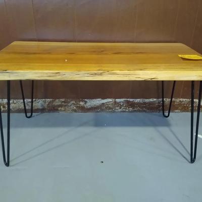 Small contemporary side table with solid wood top and hairpin legs 