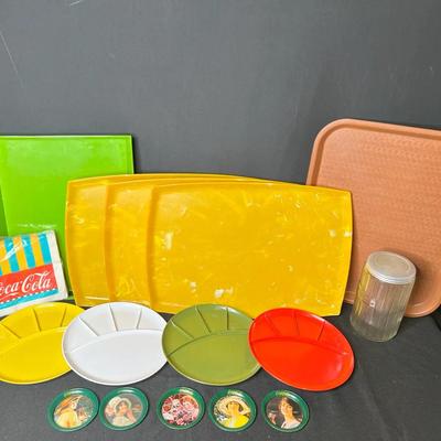 Vintage Plastic Serving Trays, Plates, Coffee Canister & Tin Coca Cola Coasters 