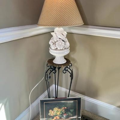 White Porcelain Vegetable Topiary Lamp, Metal Stand And Placemats