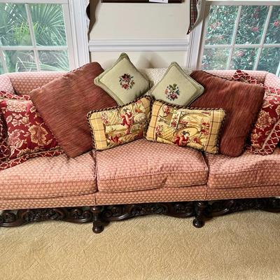 Antique Sofa With Throw Pillows And Throw