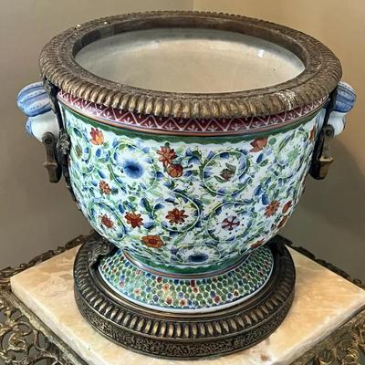 Asian Hand-painted Porcelain And Brass Planter