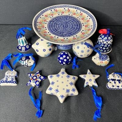 Polish Pottery Pedestaled Plate And Assorted Ornaments