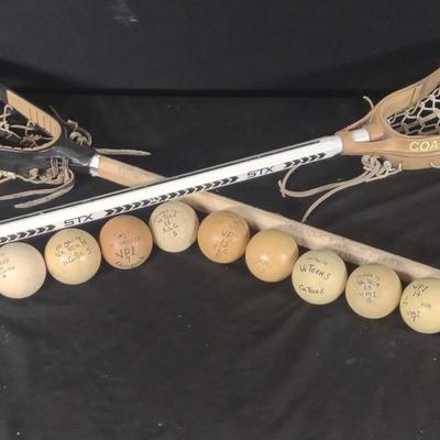 Vintage 1970s Lacrosse Balls And Two Sticks