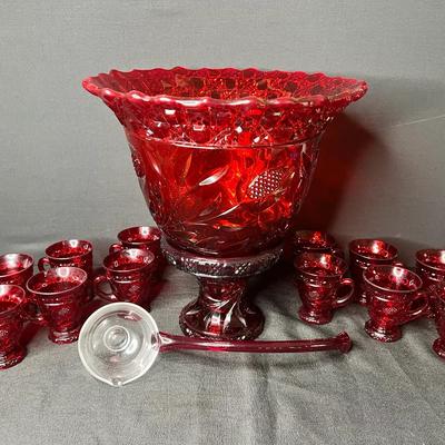 Vintage Cambridge Red Glass Punch Bowl Set