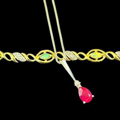 Sterling Silver Synthetic Opal & Diamond Bracelet and Sterling Diamond Necklace 