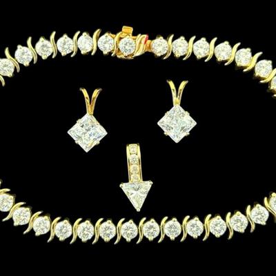 14k Gold & Cubic Zirconia Tennis Bracelet and Pendants