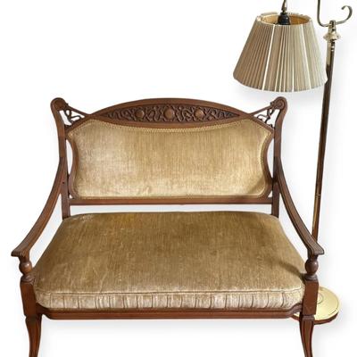 Victorian Carved Wooden Sofa & Brass Floor Lamp