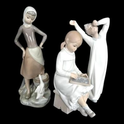 Retired Lladro Porcelain Figurines - Girl With Slate, Boy Yawning, & Girl With Milk Pail