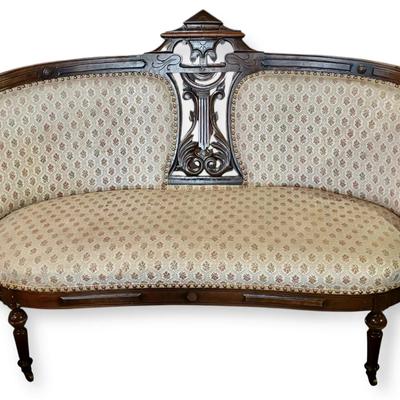 Victorian Style Carved Wooden Upholstered Loveseat