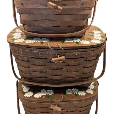 3 Longaberger Baskets With Handpainted Flowers 