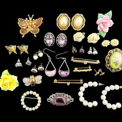 Floral Pins, Earrings, And Brooches