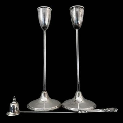 Weighted Sterling Silver Candle Stick Holders And Candle Snuffer