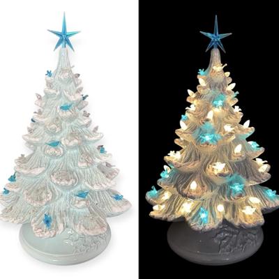 Blue Ceramic Christmas Tree w/ Bird Lights & Musical Base (19”)