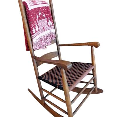 Shaker-Style Ladder Back Wooden Rocking Chair & Blanket 