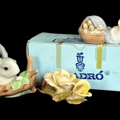 Lladro Porcelain Duckling & Rabbit Figurine With Capodimonte Flower