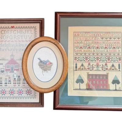 Framed Cross Stitch School Houses & Bird