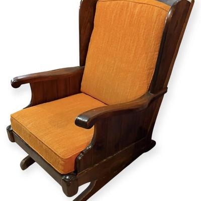 Ethan Allen Mid-Century Wooden Glider Chair w/ Orange Cushioned Seats
