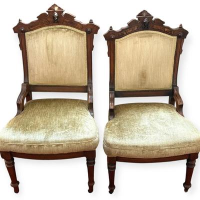 Victorian Carved Wooden Velour Chairs