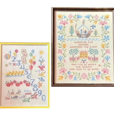 Two Framed Cross-Stitch Artworks