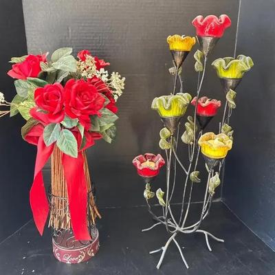 Floral Decor - Metal & Glass Floral Tea Light Candle Holder + Love Sing Live Dance Vase W Faux Roses