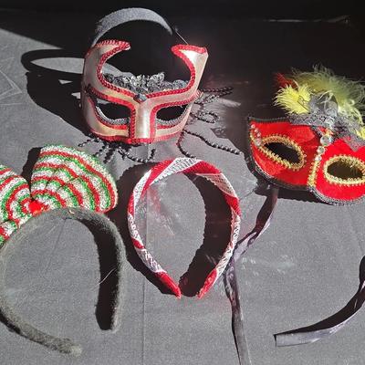 Masquerade Eye Masks & Headbands - Red & Silver Venetian, Rhinestones, Yellow Feathers