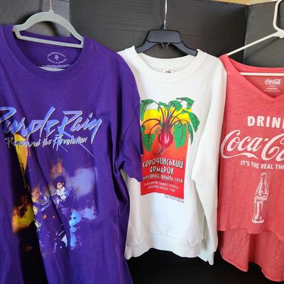 3 Themed Women's Tops - Prince Estate Purple Rain XL T-shirt, Red Coca-Cola 2X Top, Ukraine Farmer's