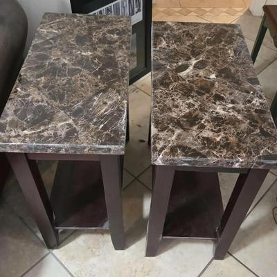 2 Dark Wood End Tables w/ Faux Marble Top - Green, Brown, Gray