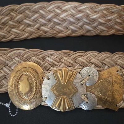 2 Retro Belts - Cinch Beaded Colorful with wood Clasp & Woven Western w/ Metal Buckle