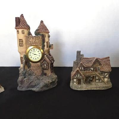 4 Figurines - Vintage "Father Time" Collectible Clock Sculpture & Fairytale Village Cottage & Castle