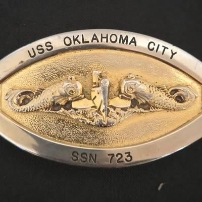 Solid Brass Belt Buckle - USS Oklahoma City Boat Ship Commemorative