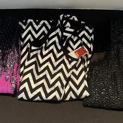 Women’s Dressy Sleeveless Tops - Black Sequins, Silver Metallic Chevron, Stretchy Fuscia Sizes 1x-3x