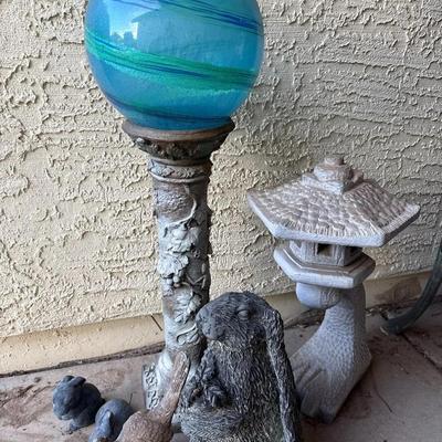 Outdoor Garden Decor - Rabbits, Roadrunner, Gazing Globe On Pedestal + Japanese Stone Lantern