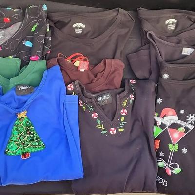 12 Women's Christmas Tops - Short & Long Sleeve, L, XL, 2XL+, Some New, Embroidered, Sequins