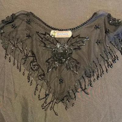 4 Vintage Beaded Shawl Tie Neckline Embroidery - Just Cruising - Black and Blue